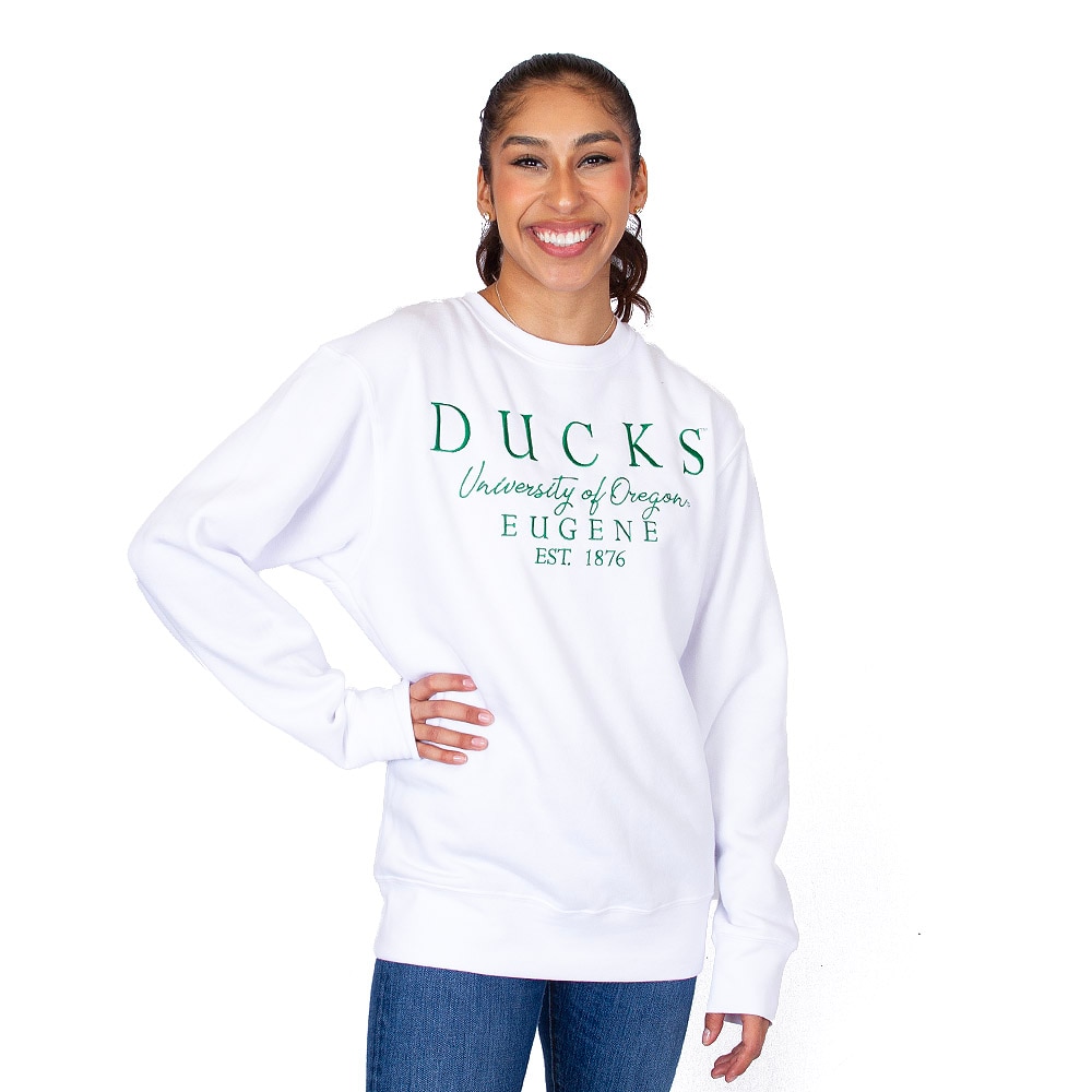 1876, Zoozatz, White, Pullover, Polyester Blend, Men, Unisex, Fleece, Embroidered, Ducks, University of Oregon, Sweatshirt, 867062